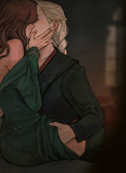 2girls a_song_of_ice_and_fire alicent_hightower black_jacket blonde_hair blurry blurry_background brown_hair commentary greece hand_on_another&#039;s_face hand_on_another&#039;s_thigh hand_under_dress highres indoors jacket kiss light_particles long_hair long_sleeves multiple_girls off_shoulder rhaenyra_targaryen tcn_tancha yuri