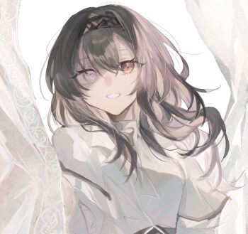 1girl :d arknights brown_eyes brown_hair brown_hairband commentary_request curtains fumi_(rdbm) grin hair_between_eyes hairband heterochromia highres long_hair looking_at_viewer mismatched_pupils open_mouth partial_commentary priestess_(arknights) shirt smile solo upper_body white_background white_eyes white_shirt