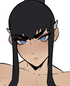 1girl black_hair blue_eyes blush closed_mouth collarbone eyelashes highres kill_la_kill kiryuuin_satsuki light_frown lips long_hair looking_at_viewer muscular muscular_female nose portrait sidelocks simple_background solo stopu thick_eyebrows topless_female white_background