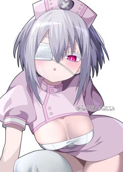 Rule 34 | 1girl, 4rion, :o, absurdres, alternate costume, bare arms, blush, breasts, bright pupils, cleavage cutout, clothing cutout, colored eyelashes, commentary, dress, eyelashes, eyepatch, grey hair, hair between eyes, hat, heart, heart print, heart sticker, highres, isshiki chaos, leaning forward, looking at viewer, mahjong fight girl, medical eyepatch, medium breasts, medium hair, nurse, nurse cap, one eye covered, open mouth, pink dress, pink hat, puffy short sleeves, puffy sleeves, red eyes, short dress, short sleeves, sidelocks, simple background, slit pupils, solo, spiked hair, sticker, sticker on face, thighhighs, twitter username, white background, white eyelashes, white pupils, white thighhighs