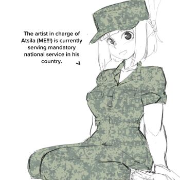1girl artist_self-insert blunt_ends boots breasts camouflage camouflage_hat camouflage_jacket camouflage_pants digital_camouflage english_text feet_out_of_frame from_side green_hat green_jacket green_pants hat highres itsdoodlez jacket looking_at_viewer medium_breasts military military_uniform open_mouth original pants partially_colored short_hair short_sleeves simple_background sitting smile soldier solo wariza white_background
