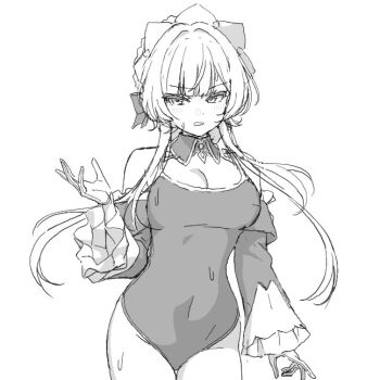 1girl alternate_costume aoi_suzu arm_at_side blush bow breasts cleavage commentary covered_navel cowboy_shot detached_collar detached_sleeves embarrassed eyelashes frilled_sleeves frills genshin_impact gloves greyscale hair_bow hand_up highleg highleg_one-piece_swimsuit looking_at_viewer maid_headdress medium_breasts monochrome one-piece_swimsuit open_mouth sandrone_(genshin_impact) short_hair short_hair_with_long_locks sidelocks sketch solo sweat sweatdrop swimsuit tsurime unfinished white_background wing_collar