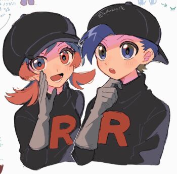 1boy 1girl backwards_hat baseball_cap black_shirt blue_hair blush brown_eyes brown_hair cosplay ethan_(pokemon) gloves grey_gloves hat highres long_hair long_sleeves lyra_(pokemon) mikakami1e nintendo open_mouth pokemon pokemon_hgss shirt short_hair smile team_rocket team_rocket_grunt team_rocket_grunt_(cosplay) team_rocket_uniform twintails upper_body