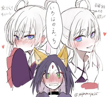 Rule 34 | 2girls, black hair, blush, cho kaguya-hime!, commentary request, covering own mouth, criss-cross halter, ear blush, facial mark, forehead mark, frilled kimono, frills, green eyes, hair rings, halterneck, hand over own mouth, heart, japanese clothes, kimono, long hair, multiple girls, multiple views, nose blush, papamupa35, purple kimono, runami yachiyo, sakayori iroha, speech bubble, translation request, twintails, twitter username, white hair, yuri