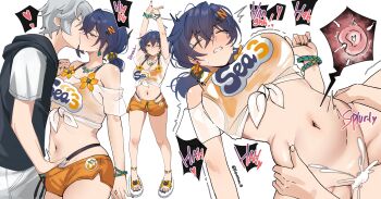 1boy 1girl absurdres arms_up bare_shoulders belle_(summer_skies)_(zenless_zone_zero) belle_(zenless_zone_zero) bikini bikini_bottom_under_shorts bikini_top_under_shirt bikini_under_clothes black_nails blue_hair blush bracelet breasts brother_and_sister closed_eyes commentary crossed_bangs cum cum_in_pussy cum_overflow earrings fertilization fingering french_kiss green_eyes grey_hair hair_between_eyes hair_ornament heart highres holding_hands incest interlocked_fingers jewelry kiss large_breasts letter_hair_ornament multiple_views nail_polish navel off-shoulder_shirt off_shoulder official_alternate_costume one_eye_closed orange_bikini orange_shorts ovum parted_lips pinepin see-through_clothes see-through_shirt shirt short_hair shorts siblings simple_background sound_effects sphere_hair_ornament stretching swimsuit tied_shirt toenail_polish toenails vaginal white_background wise_(peaceful_waves)_(zenless_zone_zero) wise_(zenless_zone_zero) zenless_zone_zero