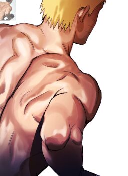 1boy blonde_hair boruto:_naruto_next_generations commentary_request facial_mark from_behind highres ichido792801 korean_commentary male_focus muscular muscular_male naruto_(series) photo-referenced photo_inset solo topless_male upper_body uzumaki_naruto whisker_markings