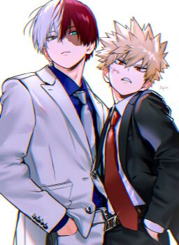 bakugou_katsuki belt belt_buckle black_jacket black_pants black_suit blonde_hair blue_eyes blue_shirt boku_no_hero_academia brown_belt brown_eyes buckle closed_mouth cowboy_shot depisx facial_scar formal_clothes frown hand_in_pocket hashtag-only_commentary heterochromia highres jacket lapels layered_sleeves long_sleeves necktie open_clothes open_jacket pants red_eyes red_necktie scar scar_on_cheek scar_on_face shirt shirt_tucked_in short_hair simple_background spiked_hair suit suit_jacket todoroki_shoto white_background white_belt white_jacket white_necktie white_pants white_shirt white_suit wing_collar