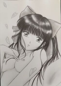 Rule 34 | 1girl, black hair, breasts, cherry blossoms, hair ribbon, hand on own chest, highres, large breasts, long hair, looking at viewer, lying, monochrome, nipples, nude, parted lips, ponytail, ribbon, sakura taisen, sega, shinguuji sakura, solo, tears, traditional media