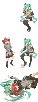 2girls absurdres accident black_skirt blue_eyes blue_hair boots borderless_panels chinese_commentary chopsticks commentary commentary_request drill_hair dropped_food eating english_commentary grey_jacket grey_shirt grey_skirt hatsune_miku highres holding holding_chopsticks instant_cup_noodles jacket kasane_teto kasane_teto_(sv) laughing long_hair mixed-language_commentary multiple_girls red_hair restrained ruukii_drift shirt simple_background skirt synthesizer_v thigh_boots twin_drills twintails utau very_long_hair vocaloid white_background