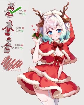 1girl absurdres ahoge animal_ears antlers blue_eyes bow breasts cleavage cleavage_cutout clothing_cutout commentary deer_ears densetsu.exe dress english_commentary gradient_hair green_hair heart highres horns looking_at_viewer mint_fantome mistletoe moorina multicolored_hair pointy_ears red_dress reindeer_antlers short_hair small_breasts thick_thighs thighhighs thighs tongue tongue_out triangular_headpiece twitter_strip_game twitter_strip_game_parody virtual_youtuber white_hair