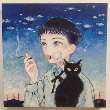 1boy bandage_on_face bandages between_fingers black_cat black_hair cat cigarette cloud commentary_request dusk holding holding_cigarette injury makita_haruka male_focus multiple_style_parody original pale_skin parody smoke smoking style_parody tower what