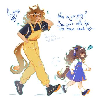 2girls absurdres aged_down ahoge anger_vein animal_ears black_shirt blue_bow blue_dress bow breasts brown_hair calamity_brezze closed_eyes closed_mouth commentary dress ear_bow english_commentary english_text hair_between_eyes hair_ornament hairclip highres horse_ears horse_girl horse_tail jungle_pocket_(umamusume) long_hair long_sleeves medium_hair multiple_girls notched_ear open_mouth overalls pants parent_and_child pout shirt shoes short_sleeves smile socks tail tosen_jordan_(umamusume) umamusume walking white_dress white_socks yellow_eyes yellow_overalls yellow_pants