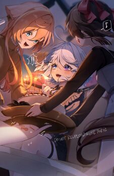 ! !! 3girls absurdres alternate_costume alternate_hairstyle birthday birthday_cake blue_eyes blue_shirt boo_tao_(genshin_impact) brown_hair brown_shirt brown_sweater cake candle cowlick drop-shaped_pupils food fork furina_(genshin_impact) genshin_impact grey_hair heterochromia highres holding holding_fork holding_plate hu_tao_(genshin_impact) imasaki_kei long_hair multiple_girls open_mouth pink_hair plate shirt short_hair sitting sweater symbol-shaped_pupils wavy_hair yanfei_(genshin_impact)