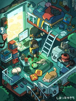 1girl absurdly_detailed_composition ahoge air_conditioner ball barefoot bed black_cat bone brown_hair brown_pants bush canned_tuna canvas_(object) cat chair character_doll check_commentary coffee_filter coffee_mug coffee_pot commentary commentary_request cooking_pot cup cushion dog doll fish fish_tank flask from_above frying_pan gashapon handheld_game_console headphones highres hood hoodie indoors industrial_pipe isometric kirby ladle loaded_interior monitor mug multiple_monitors nintendo_switch office_chair original painting_(object) pants pillow plant poster_(object) potted_plant red_shoes refrigerator rice_cooker ring-con road_sign rug shelf shimarisu_yukichi shoes short_hair sign sitting sitting_backwards sneakers solo stairs stool stove swivel_chair wall_lamp watering_can wooden_floor yellow_hoodie |_|