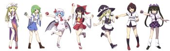 6+girls :d absurdres black_hair blonde_hair blue_hair bow brown_hair checkered_clothes checkered_skirt detached_sleeves dress female_focus frog_hair_ornament green_hair grin hair_bow hair_ornament hair_tubes hakurei_reimu hat hat_bow hat_ribbon highres himekaidou_hatate kirisame_marisa kochiya_sanae lass_(pokemon) lass_(pokemon_bw) lass_(pokemon_dppt) lass_(pokemon_frlg) lass_(pokemon_gsc) lass_(pokemon_hgss) lass_(pokemon_rgby) lass_(pokemon_rse) leon_(mikiri_hassha) long_image looking_back multiple_girls nintendo open_mouth parody poke_ball pokemon remilia_scarlet ribbon shameimaru_aya simple_background skirt smile tabard tokin_hat touhou twintails white_background wide_image witch_hat yakumo_yukari yin_yang