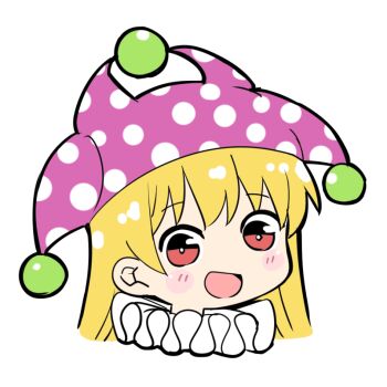 1girl :d blonde_hair blush_stickers clownpiece commentary_request hat head_only jester_cap long_hair looking_at_viewer naegi_(naegidokoro) neck_ruff open_mouth polka_dot_hat purple_hat red_eyes simple_background smile solo touhou white_background