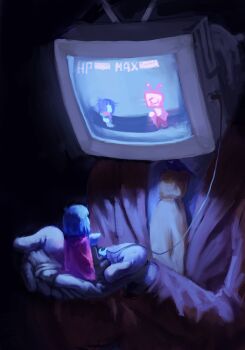 1boy 1other ant_tenna blue_hair blue_skin cape colored_skin commentary controller deltarune english_commentary game_controller gloves highres kris_(dark_world)_(deltarune) kris_(deltarune) long_sleeves male_focus necktie object_head sitting upper_body utdr_(toby_fox) white_gloves wizard0rb