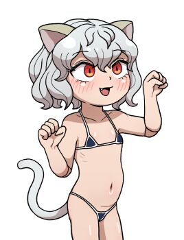 1girl aged_down animal_ears bikini blue_bikini blush cat_ears cat_girl cat_tail collarbone cowboy_shot eyelashes fang female_focus flat_chest grey_hair hands_up hunter_x_hunter loli looking_afar medium_hair multicolored_bikini navel neferpitou open_mouth red_eyes simple_background smile solo swimsuit tail two-tone_bikini white_bikini witchuus