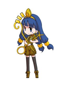 Rule 34 | 1girl, alphes (style), black thighhighs, blue eyes, blue hair, blunt bangs, boots, brown boots, brown shirt, brown shorts, chibi, chibi only, closed mouth, collared shirt, commentary request, dairi, earrings, facial mark, fold-over boots, full body, hair bobbles, hair ornament, holding, holding staff, jewelry, key earrings, large variant set, long hair, michigami nareko, parody, shirt, short sleeves, shorts, simple background, smile, solo, sphere hair ornament, staff, standing, style parody, tachi-e, thighhighs, touhou, transparent background, triangle, triangle facial mark, variant set