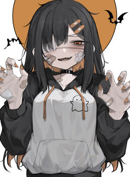 1girl absurdres bags_under_eyes bandaid bandaid_hair_ornament bandaid_on_cheek bandaid_on_face bandaid_on_hand bathing black_hair blush claw_pose colored_inner_hair commentary_request drawstring eyepatch fang fingernails gauze gauze_on_cheek ghost_print hair_ornament hairclip halloween heart heart-shaped_pupils highres hisha_(kan_moko) hood hood_down hoodie long_fingernails long_sleeves medical_eyepatch multicolored_hair nail_polish one_eye_covered open_mouth orange_background orange_hair orange_nails original skin_fang solo symbol-shaped_pupils two-tone_background two-tone_hair upper_body white_background white_hoodie