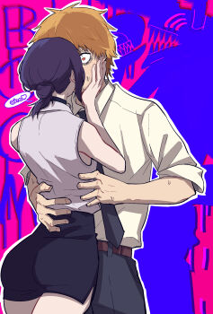 1boy 1girl absurdres ass bags_under_eyes black_choker black_pants black_shorts blonde_hair blush bomb_devil_(chainsaw_man) chainsaw_devil chainsaw_man choker denji_(chainsaw_man) gozen_no_koucha grenade_pin hand_on_another's_cheek hand_on_another's_face hand_on_another's_waist hetero highres kiss necktie outline pants purple_eyes red_eyes reze_(chainsaw_man) shirt shorts side_slit sleeveless sleeveless_shirt sweatdrop white_outline white_shirt wide-eyed