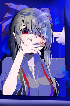 1girl absurdres bow cigarette commentary_request finger_gun finger_gun_to_head fujiwara_no_mokou hair_between_eyes hair_bow harikane0 highres holding holding_cigarette long_hair looking_at_viewer nail_polish red_eyes red_nails shirt short_sleeves smoke smoke_trail smoking solo touhou upper_body white_hair white_shirt