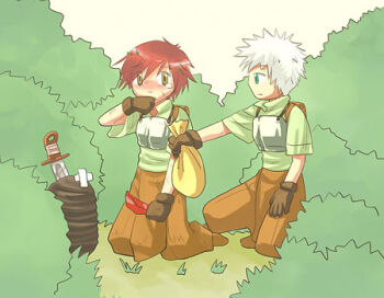 Rule 34 | 2boys, brown eyes, brown gloves, brown pants, bush, chest guard, closed mouth, commentary request, dagger, dated commentary, full body, gloves, green eyes, green shirt, kneeling, knife, looking at another, lowres, male focus, multiple boys, novice (ragnarok online), oomojiya, outdoors, pants, pupa (ragnarok online), ragnarok online, red hair, shirt, short hair, short sleeves, weapon, white hair