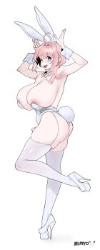 absurdres ahoge animal_ear_hairband animal_ears armpits artist_name bare_shoulders blue_eyes bow braid breasts cleavage commentary_request fake_animal_ears full_body garter_straps hairband high_heels highres huge_breasts korean_commentary leotard medium_hair mimyo one_eye_closed original pink_bow pink_hair playboy_bunny rabbit_ear_hairband rabbit_ears rabbit_pose simple_background thighhighs white_background white_leotard white_thighhighs