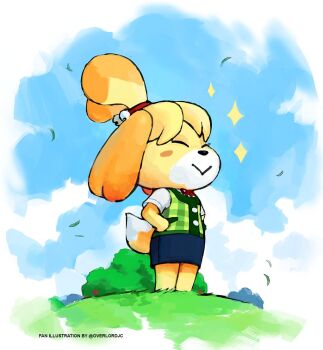 1girl :> ^_^ animal_crossing animal_ears animal_nose artist_name bell blue_sky blush_stickers body_fur closed_eyes commentary dog_ears dog_girl dog_tail english_commentary full_body furry furry_female grass green_vest hair_bell hair_ornament hands_on_own_hips isabelle_(animal_crossing) neck_ribbon nintendo outdoors overlord_jc red_ribbon ribbon short_sleeves sky smile solo standing tail topknot two-tone_fur vest yellow_fur