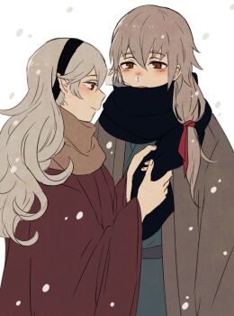 1boy 1girl aomeeso bad_link couple female_corrin_(fire_emblem) fire_emblem fire_emblem_fates grey_hair hair_ribbon hetero japanese_clothes long_hair nintendo ponytail ribbon takumi_(fire_emblem) upper_body