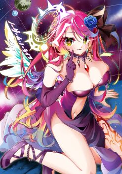 1girl :p absurdres angel angel_wings animal_ears bare_shoulders bird_ears bracelet breasts cleavage copyright_name cross dress elbow_gloves feathered_wings flower gloves gradient_eyes gradient_hair gradient_wings hair_flower hair_ornament halo highres hk05_wl jewelry jibril_(no_game_no_life) large_breasts long_hair looking_at_viewer low_wings magic_circle multicolored_eyes multicolored_hair multicolored_wings naughty_face navel necklace no_game_no_life orange_eyes pink_hair purple_dress purple_gloves purple_shoes shoes single_elbow_glove solo spiked_halo tattoo tongue tongue_out very_long_hair wing_ears wings yellow_eyes