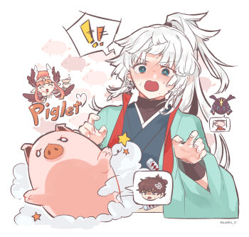 ! !! 1boy 3girls animal animalization armor aud0854_01 black_wings blonde_hair blue_eyes blue_kimono blush chibi circe_(fate) closed_eyes commentary_request english_text fate/samurai_remnant fate_(series) feathered_wings grey_hair helmet japanese_armor japanese_clothes kabuto_(helmet) katana kimono long_hair miyamoto_iori_(fate) multicolored_hair multiple_girls open_mouth pig pink_hair pointy_ears ponytail smile star_(symbol) sword twitter_username ushi_gozen_(fate) ushi_gozen_(rider)_(fate) weapon white_background wings yui_shousetsu_(fate)