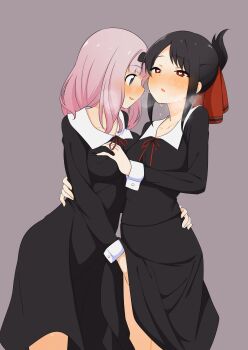 2girls absurdres black_dress black_hair blue_eyes blush breasts commentary_request dress fingering fujiwara_chika grabbing_another&#039;s_breast grey_background groping hair_ribbon hand_on_another&#039;s_waist hand_under_dress heart heart-shaped_pupils highres kaguya-sama_wa_kokurasetai_~tensai-tachi_no_renai_zunousen~ large_breasts looking_at_another luke_(b10a3123m) medium_hair multiple_girls neck_ribbon parted_lips pink_hair red_eyes red_ribbon ribbon school_uniform shinomiya_kaguya shuuchiin_academy_school_uniform simple_background sweat symbol-shaped_pupils variant_set yuri