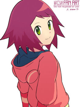 1girl arms_behind_back artist_name asamishi closed_mouth green_eyes highres hood hood_down hoodie looking_at_viewer mega_man_(series) mega_man_star_force_(series) pink_hoodie red_hair short_hair smile solo sonia_strumm_(mega_man) upper_body white_background