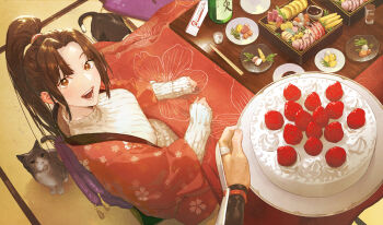 1girl 1other absurdres animal birthday birthday_cake blush breasts brown_eyes brown_hair cake cat commentary_request fatal_fury food from_above fruit high_ponytail highres holding holding_plate kotatsu large_breasts long_hair long_sleeves looking_at_viewer looking_up official_art open_mouth parted_bangs plate ponytail pov pov_hands ribbed_sweater shiranui_mai sitting sleeves_past_wrists strawberry strawberry_cake street_fighter street_fighter_6 sweater table turtleneck turtleneck_sweater under_kotatsu under_table white_sweater