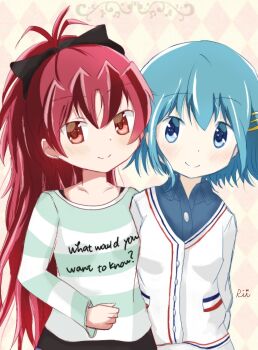 Rule 34 | 2girls, alternate costume, argyle background, blue eyes, blue hair, bow, casual, crescent 0039, hair bow, hair ornament, hairclip, long hair, looking at viewer, mahou shoujo madoka magica, miki sayaka, multiple girls, ponytail, red eyes, red hair, sakura kyoko, short hair, smile, standing