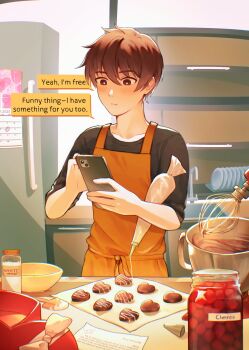 1boy 2025 absurdres alternate_costume apron black_shirt blush bow bowl bright_pupils brown_eyes brown_hair cabinet calendar_(object) candy cellphone cherry chocolate chocolate_heart closed_mouth commentary doki_doki_literature_club english_commentary english_text faucet food fruit heart heart-shaped_food highres holding holding_phone indoors jar male_focus mixer_(cooking) orange_apron paper pastry_bag phone plate protagonist_(doki_doki_literature_club) refrigerator second-party_source shirt short_hair sink smartphone solo spatula sprinkles text_messaging upper_body valentine white_bow white_pupils widvnhak