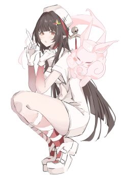 1girl absurdres animal_ears brown_hair colored_skin commentary fuyuan_(honkai:_star_rail) gloves hair_ornament highres honkai:_star_rail honkai_(series) injection lingsha_(honkai:_star_rail) long_hair navel nurse rabbit_ears red_eyes red_skin ren_(renjiyu) shoes squatting strap tassel white_background