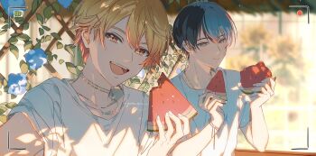 Rule 34 | 2boys, aoyagi touya, arms up, blonde hair, blue flower, blue hair, bracelet, chewing, closed mouth, collarbone, double-parted bangs, flower, food, fruit, gradient hair, grey eyes, highres, holding, holding food, holding fruit, jewelry, lattice, leaf, looking at viewer, male focus, multicolored hair, multiple boys, necklace, plant, project sekai, round teeth, shirt, short sleeves, smile, split-color hair, sunflower, t-shirt, teeth, tenma tsukasa, twitter username, upper teeth only, viewfinder, watermelon, watermelon slice, white shirt, yellow flower, yion yu