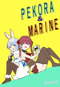 2girls animal_ear_fluff animal_ears back-to-back backless_dress backless_outfit bare_arms bare_shoulders black_gloves braid brown_eyes brown_leotard brown_pantyhose brown_thighhighs carrot_hair_ornament character_name commentary_request controller covered_navel cropped_jacket detached_sleeves dress feet food-themed_hair_ornament fur-trimmed_gloves fur_trim game_controller gloves hair_ornament heterochromia highres holding hololive houshou_marine houshou_marine_(1st_costume) jacket kiritoma leotard leotard_under_clothes long_hair multiple_girls pantyhose pleated_skirt puffy_short_sleeves puffy_sleeves rabbit_ears rabbit_girl rabbit_tail red_eyes red_hair red_jacket red_skirt short_eyebrows short_sleeves signature simple_background sitting skirt tail thick_eyebrows thighhighs twin_braids twintails usada_pekora usada_pekora_(1st_costume) v-shaped_eyebrows virtual_youtuber white_dress white_gloves white_sleeves yellow_background