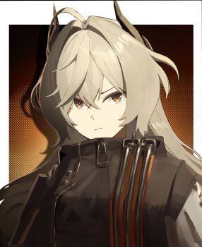 Rule 34 | 1girl, absurdres, ahoge, arknights, arknights: endfield, ashamutoki, black horns, border, breasts, closed mouth, commentary, grey eyes, grey hair, hair intakes, highres, horns, long hair, looking at viewer, lycia (arknights), orange background, small breasts, solo, upper body, white border