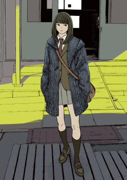 Rule 34 | 1girl, bag, black eyes, black hair, black socks, flat chest, highres, medium hair, necktie, original, school uniform, shirt, shoulder bag, skirt, socks, tanaka hirotaka, vest, white shirt