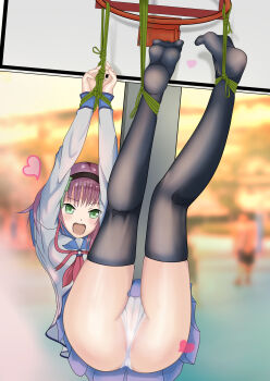 Rule 34 | 1girl, a dan 2014616, absurdres, angel beats!, arms up, ass, basketball hoop, bdsm, black hairband, black thighhighs, blue sailor collar, blue skirt, blurry, blurry background, blush, bondage, bound, bow, breasts, cameltoe, captured, commentary request, feet, full body, green bow, green eyes, hair between eyes, hair bow, hairband, hanging, heart, highres, kneepits, legs, legs up, looking at viewer, medium breasts, medium hair, miniskirt, nakamura yuri, neckerchief, neglect play, no shoes, open mouth, outdoors, panties, pink neckerchief, pleated skirt, rope, sailor collar, sailor shirt, shibari, shirt, skindentation, skirt, sleeves past wrists, soles, solo, thighhighs, thighs, underwear, upskirt, white panties, white shirt