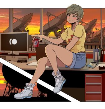 1girl binder blue_shorts blush book breasts brown_hair can commentary_request computer desk dr_pepper drink_can full_body galois grey_shoes highres holding holding_can jamie_dear korean_commentary medium_breasts monitor nike_(company) odyssey_(galois) on_desk radar_dish shirt shoes short_hair short_shorts shorts sitting smile sneakers soda_can solo speaker t-shirt window yellow_eyes