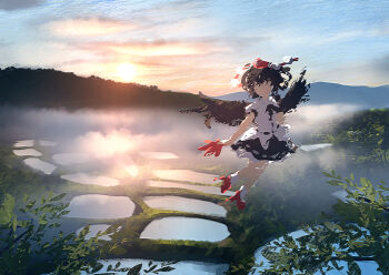 1girl black_hair black_ribbon black_skirt black_wings cloud commentary_request dawn dise_(psychoro) faceless faceless_female flying fog geta hand_fan hat hauchiwa highres holding holding_fan neck_ribbon outdoors pom_pom_(clothes) puffy_short_sleeves puffy_sleeves red_hat red_shoes ribbon rice_paddy scenery shameimaru_aya shirt shoes short_sleeves skirt solo sun tengu-geta tokin_hat touhou white_shirt wings