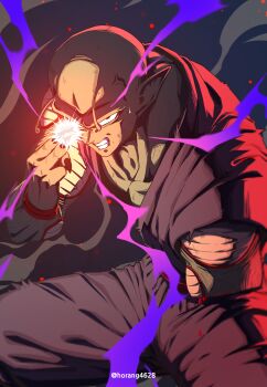 1boy absurdres amputee antennae bald blood colored_skin commentary_request cowboy_shot dragon_ball dragonball_z finger_on_forehead green_skin highres horang4628 korean_commentary makankousappou male_focus no_eyebrows pants piccolo pointy_ears powering_up purple_pants purple_shirt shirt solo