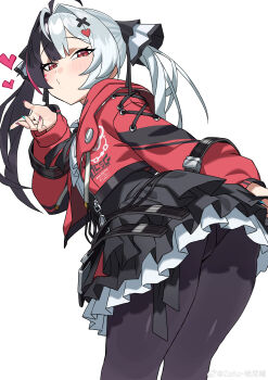 1girl absurdres ahoge black_hair black_pantyhose blush character_request dress hair_intakes hair_ornament heart heart_hair_ornament highres jacket long_hair long_sleeves looking_at_viewer looking_back multicolored_hair multicolored_nails nail_polish neverness_to_everness pantyhose puckered_lips q_haoyu red_dress red_eyes sidelocks simple_background solo twintails two-tone_hair watermark weibo_watermark white_background white_hair