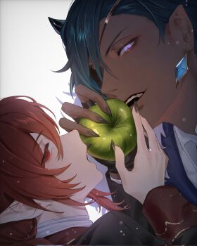 2boys apple black_gloves black_nails blue_hair commentary dark-skinned_male dark_skin diluc_(genshin_impact) eyepatch fingerless_gloves fingernails food from_side fruit genshin_impact gloves green_apple hashtag-only_commentary highres holding holding_food holding_fruit inseki kaeya_(genshin_impact) long_hair looking_at_viewer male_focus multiple_boys red_eyes sharp_fingernails simple_background teeth white_background yaoi zehuij