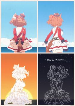 1girl absurdres animal_ears arms_behind_head aston_machan_(flare)_(umamusume) aston_machan_(umamusume) blue_sky bow breasts brown_hair closed_eyes commentary crown english_commentary from_behind highres horse_ears horse_girl horse_tail large_breasts looking_at_viewer night night_sky ocean one_side_up open_mouth red_sleeves scalizo shirt short_hair skirt sky solo sunset tail umamusume white_shirt white_skirt