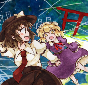 Rule 34 | 2girls, :d, belt, black belt, black hat, black skirt, blonde hair, blush, bow, bowtie, brown hair, city, collared dress, collared shirt, dress, frilled dress, frilled sleeves, frills, guiding hand, hair between eyes, hat, hat bow, holding hands, long dress, long sleeves, looking at another, maribel hearn, marker (medium), mob cap, multiple girls, necktie, night, night sky, open mouth, puffy sleeves, purple dress, red bow, red bowtie, red necktie, running, sanwa no jako (daikichi club), shirt, shirt tucked in, short hair, skirt, sky, sleeve cuffs, sleeve garter, smile, socks, torii, touhou, traditional media, usami renko, white bow, white hat, white shirt, white socks, yellow eyes